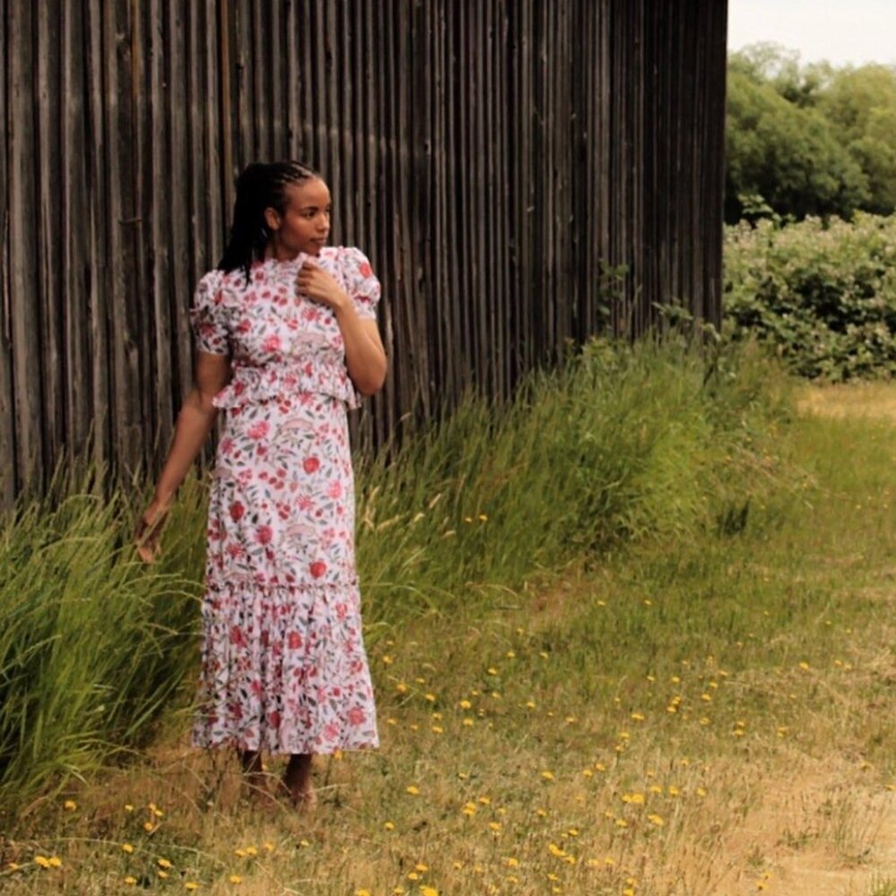 Block print summer dress with waist ruffle